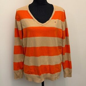 Tommy Hilfiger Women’s XL Y2K V Neck Long Sleeve Sweater Colorblock Orange Prima